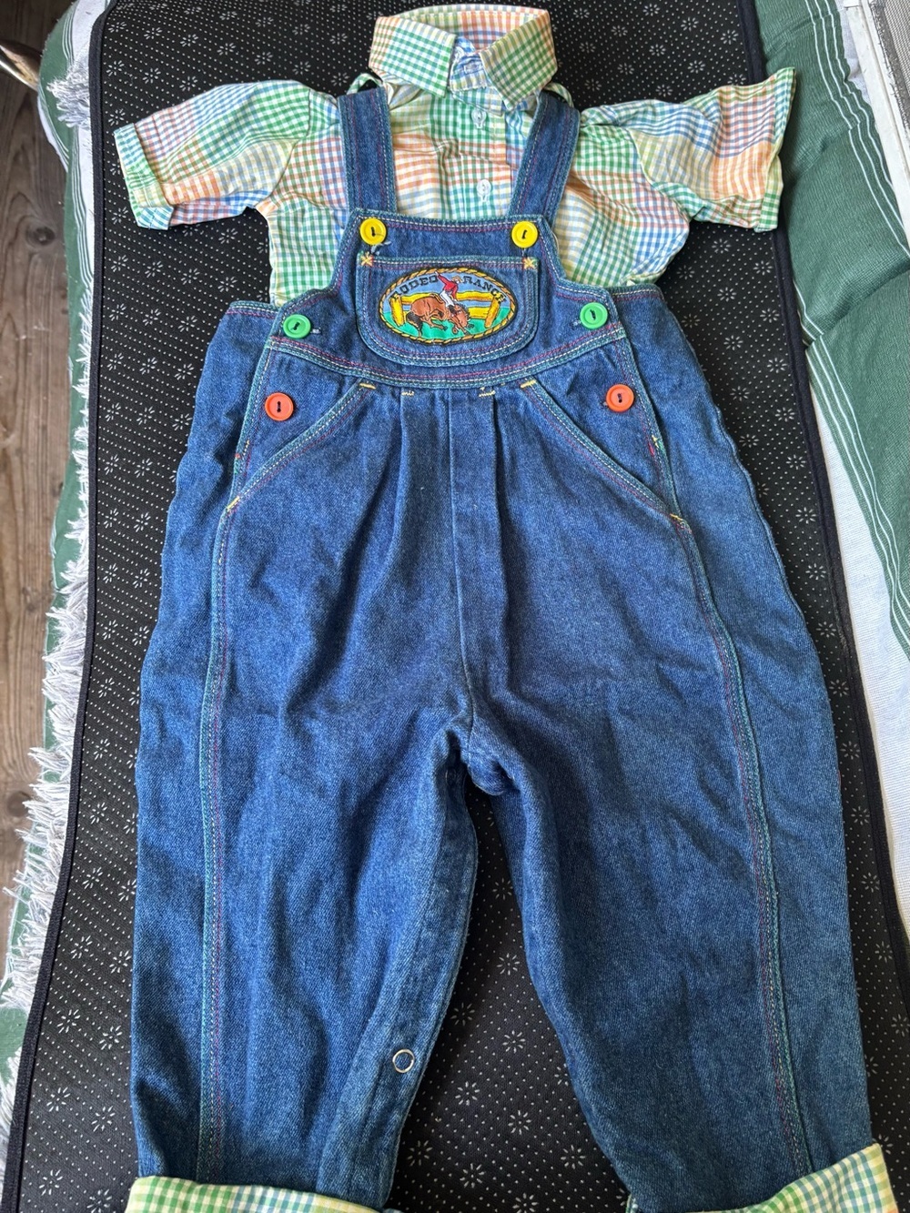 OshKosh B'gosh Blue Denim Overalls with Multicolor Buttons - Picture 8 of 11
